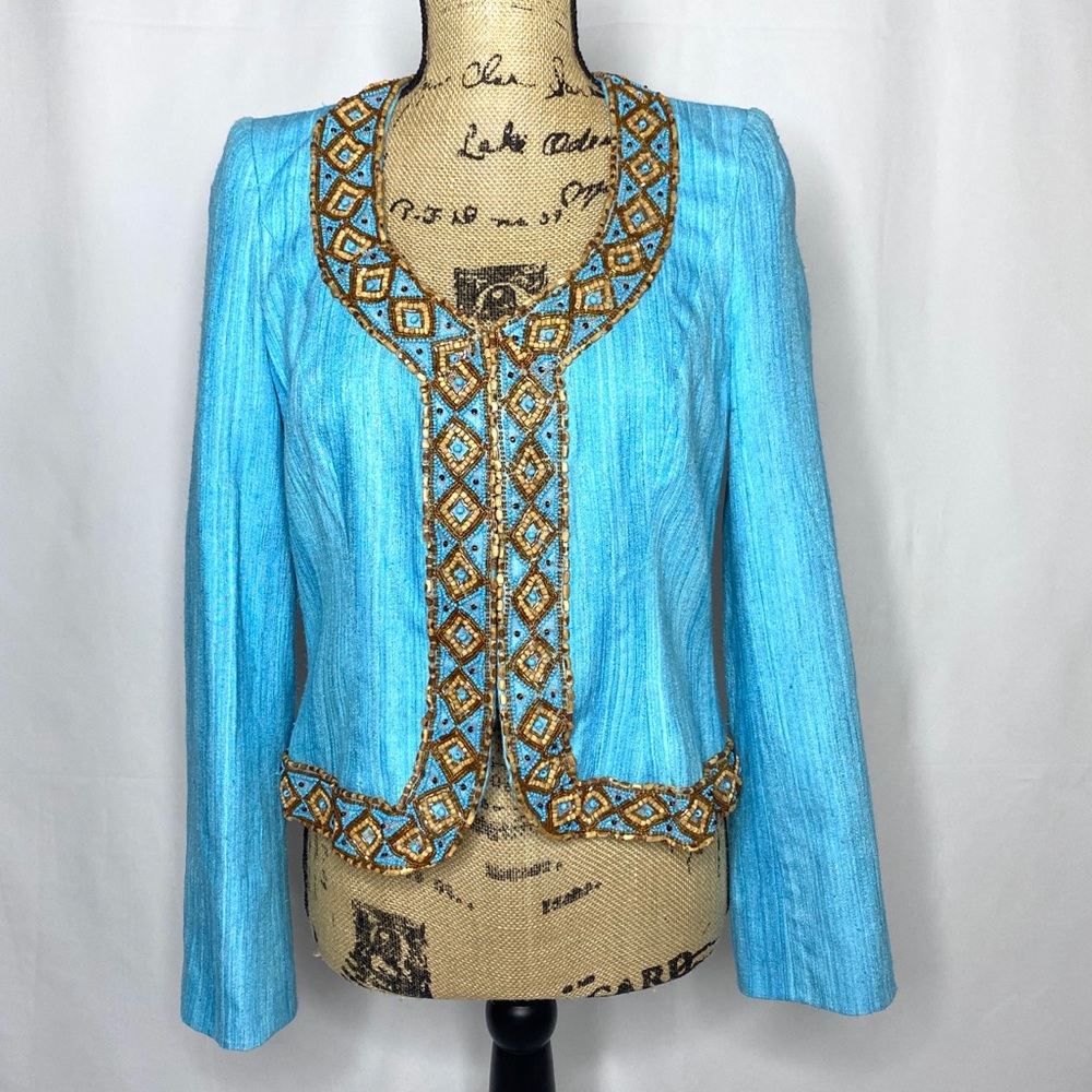 Edward Achour Turquoise Beaded Silk Blazer Jacket